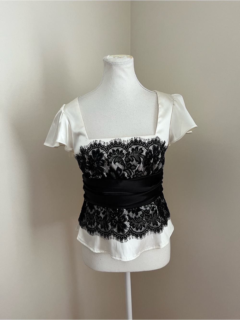 MARINA Ivory Satin Top with Black Lace and Sash